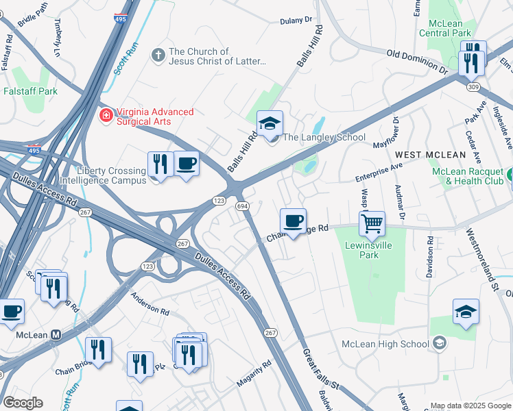 map of restaurants, bars, coffee shops, grocery stores, and more near 7331 Lewinsville Park Court in McLean