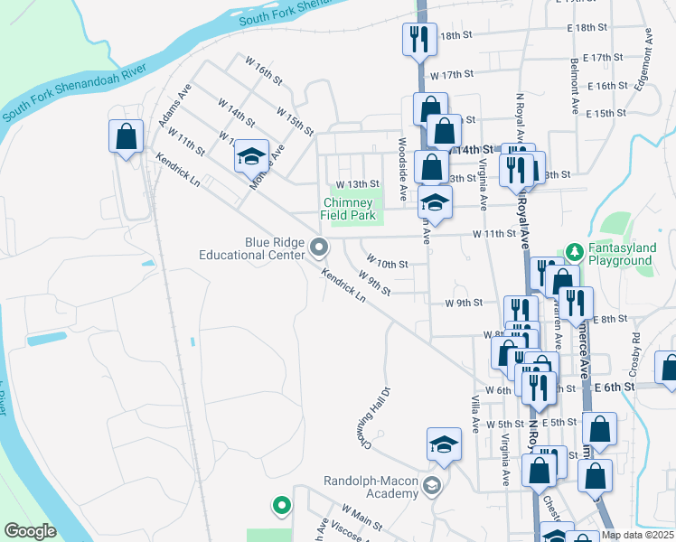 map of restaurants, bars, coffee shops, grocery stores, and more near 361 West 9th Street in Front Royal