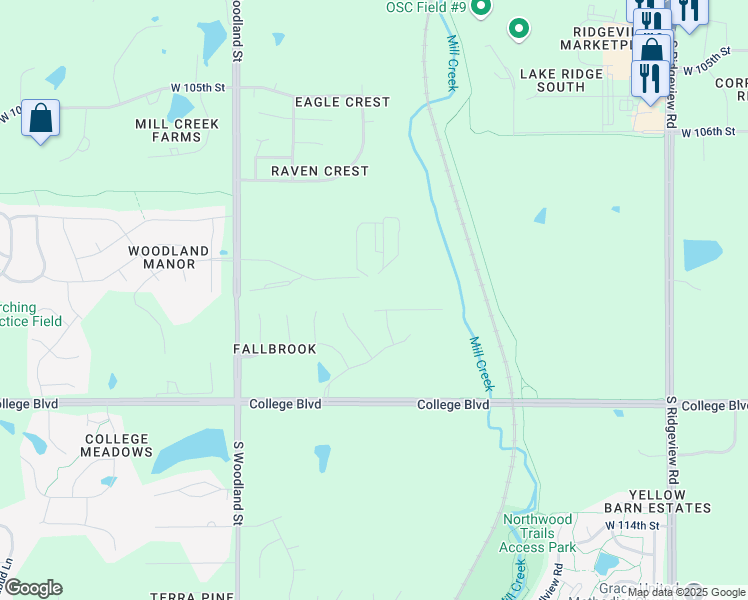 map of restaurants, bars, coffee shops, grocery stores, and more near 10915 South Barker Road in Olathe