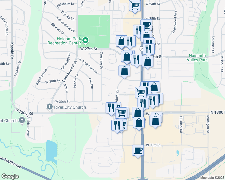 map of restaurants, bars, coffee shops, grocery stores, and more near 2859 Four Wheel Drive in Lawrence