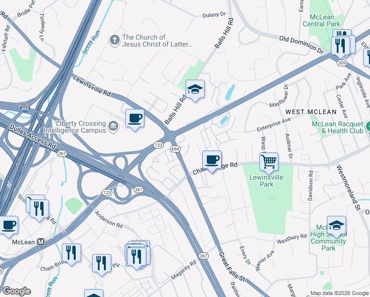 map of restaurants, bars, coffee shops, grocery stores, and more near 7331 Lewinsville Park Court in McLean