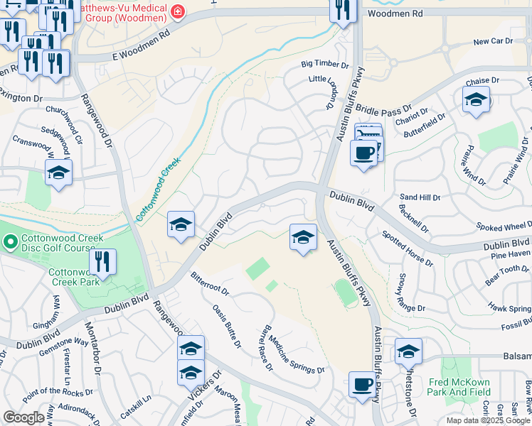 map of restaurants, bars, coffee shops, grocery stores, and more near 4505 Dublin Boulevard in Colorado Springs