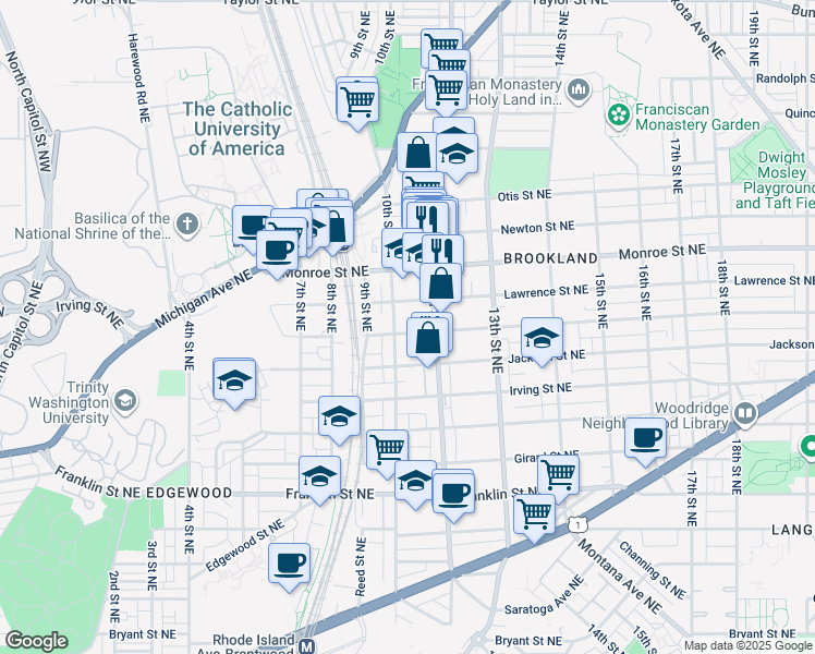 map of restaurants, bars, coffee shops, grocery stores, and more near 1014 Kearny Street Northeast in Washington