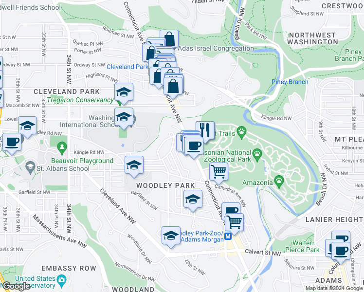 map of restaurants, bars, coffee shops, grocery stores, and more near 3100 Connecticut Avenue Northwest in Washington