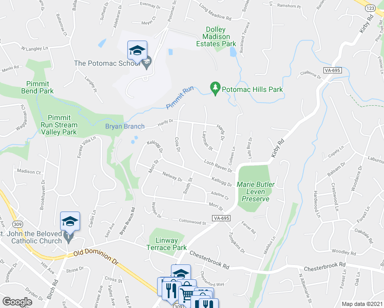 map of restaurants, bars, coffee shops, grocery stores, and more near 6213 Loch Raven Drive in McLean