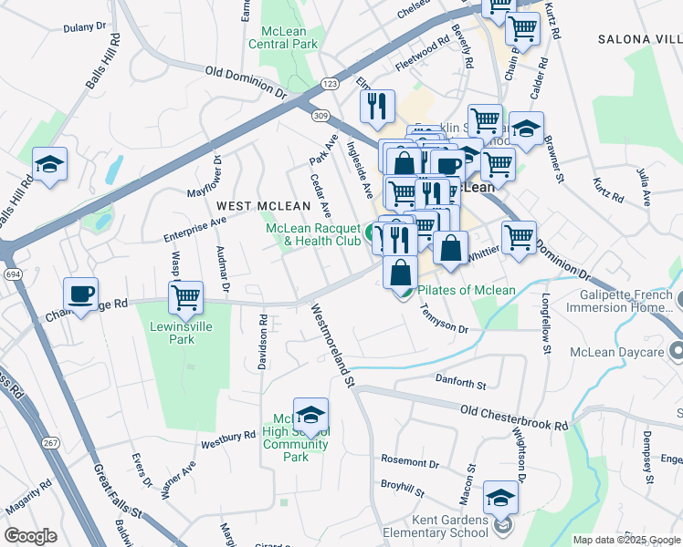 map of restaurants, bars, coffee shops, grocery stores, and more near 1530 Chain Bridge Road in McLean