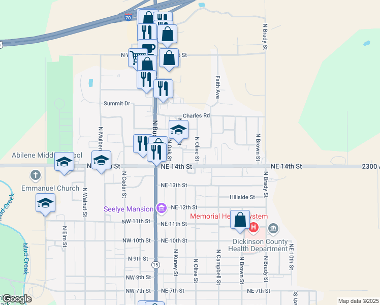 map of restaurants, bars, coffee shops, grocery stores, and more near 1501 North Kuney Street in Abilene