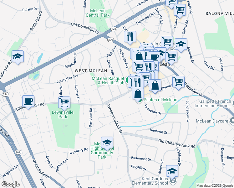 map of restaurants, bars, coffee shops, grocery stores, and more near 1530 Chain Bridge Road in McLean
