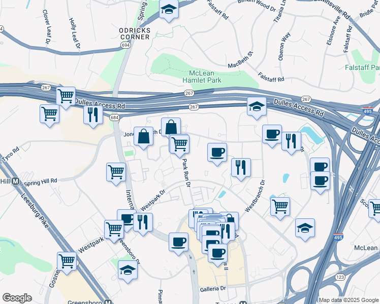 map of restaurants, bars, coffee shops, grocery stores, and more near Crestwood Heights Drive in Tysons Corner