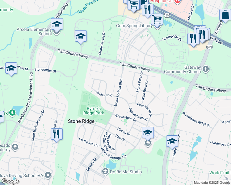 map of restaurants, bars, coffee shops, grocery stores, and more near 24816 Hornfels Court in Aldie