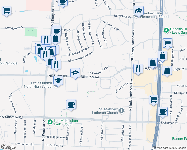 map of restaurants, bars, coffee shops, grocery stores, and more near 401 Northeast Woodbury Drive in Lee's Summit