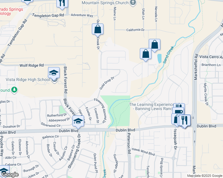 map of restaurants, bars, coffee shops, grocery stores, and more near 6771 Gold Drop Drive in Colorado Springs