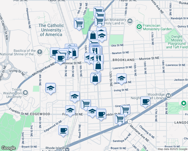 map of restaurants, bars, coffee shops, grocery stores, and more near 1030 Kearny Street Northeast in Washington