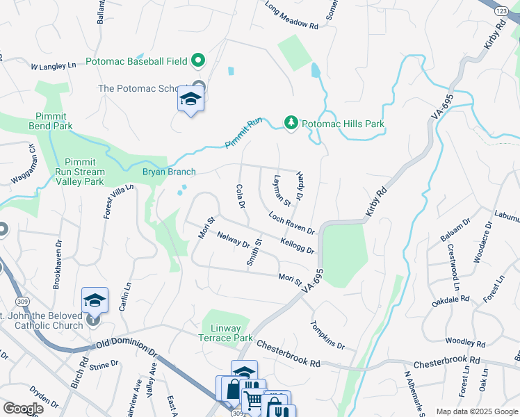 map of restaurants, bars, coffee shops, grocery stores, and more near 6213 Loch Raven Drive in McLean