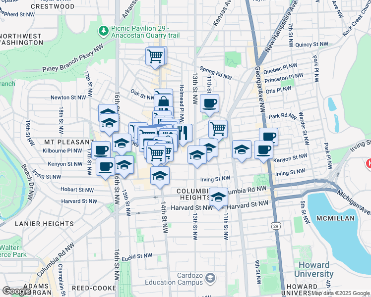 map of restaurants, bars, coffee shops, grocery stores, and more near 1320 Park Road Northwest in Washington