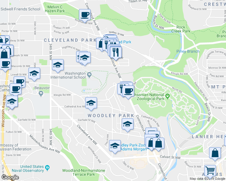 map of restaurants, bars, coffee shops, grocery stores, and more near 2718 Cortland Place Northwest in Washington