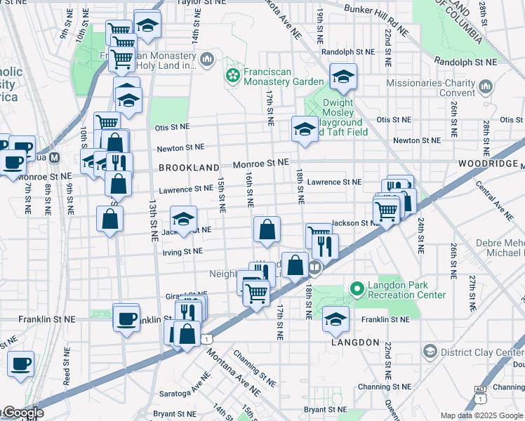 map of restaurants, bars, coffee shops, grocery stores, and more near 1607 Kearny Street in Washington