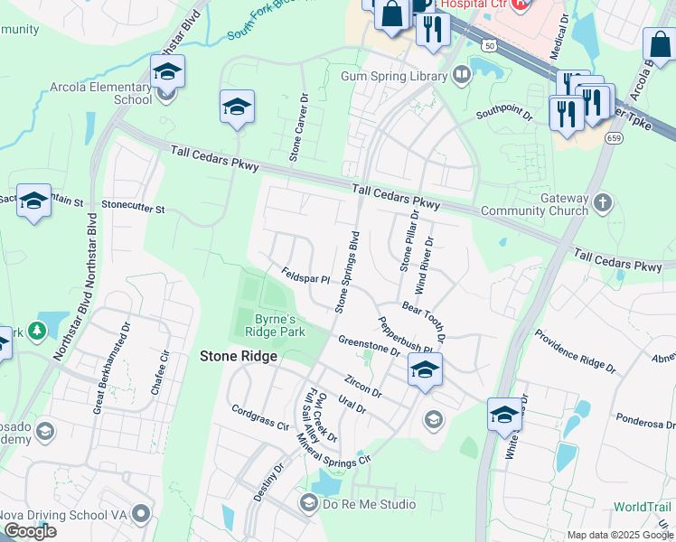 map of restaurants, bars, coffee shops, grocery stores, and more near 24816 Hornfels Court in Aldie