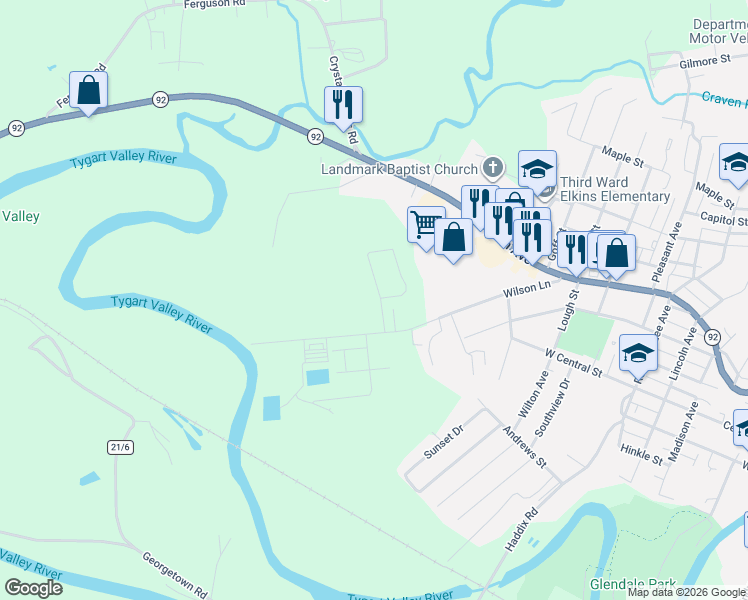 map of restaurants, bars, coffee shops, grocery stores, and more near Lough Lane in Elkins