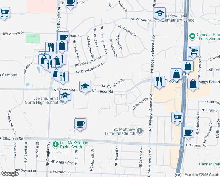 map of restaurants, bars, coffee shops, grocery stores, and more near 401 Northeast Woodbury Drive in Lee's Summit