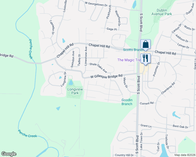map of restaurants, bars, coffee shops, grocery stores, and more near 4708 West Gillespie Bridge Road in Columbia