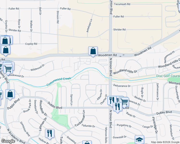 map of restaurants, bars, coffee shops, grocery stores, and more near 2588 Infinity Place in Colorado Springs