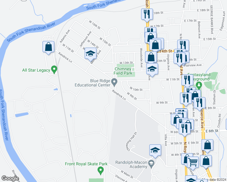 map of restaurants, bars, coffee shops, grocery stores, and more near 400 Kendrick Lane in Front Royal
