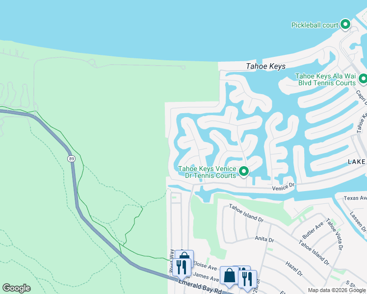 map of restaurants, bars, coffee shops, grocery stores, and more near 1876 Genevieve Court in South Lake Tahoe