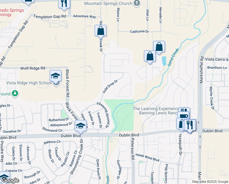 map of restaurants, bars, coffee shops, grocery stores, and more near 6771 Gold Drop Drive in Colorado Springs