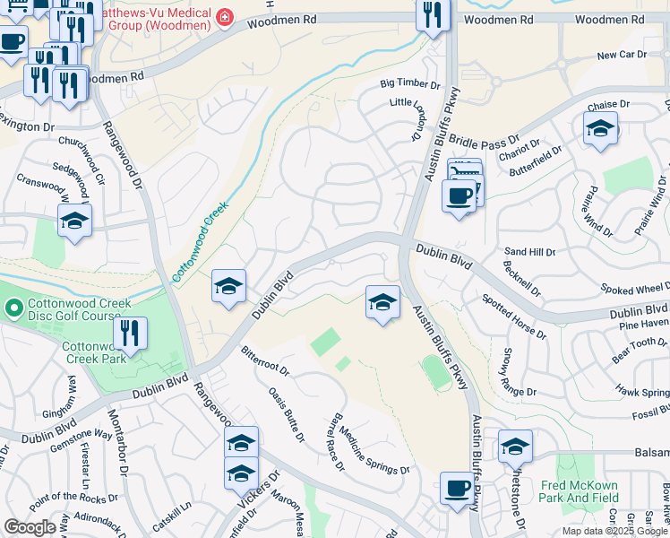 map of restaurants, bars, coffee shops, grocery stores, and more near 4505 Dublin Boulevard in Colorado Springs