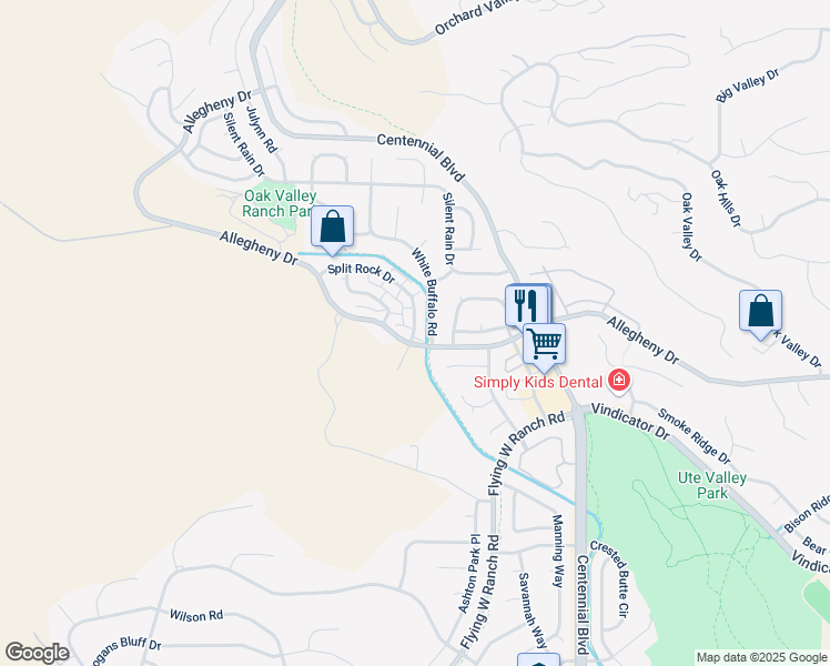 map of restaurants, bars, coffee shops, grocery stores, and more near 2225 Split Rock Drive in Colorado Springs