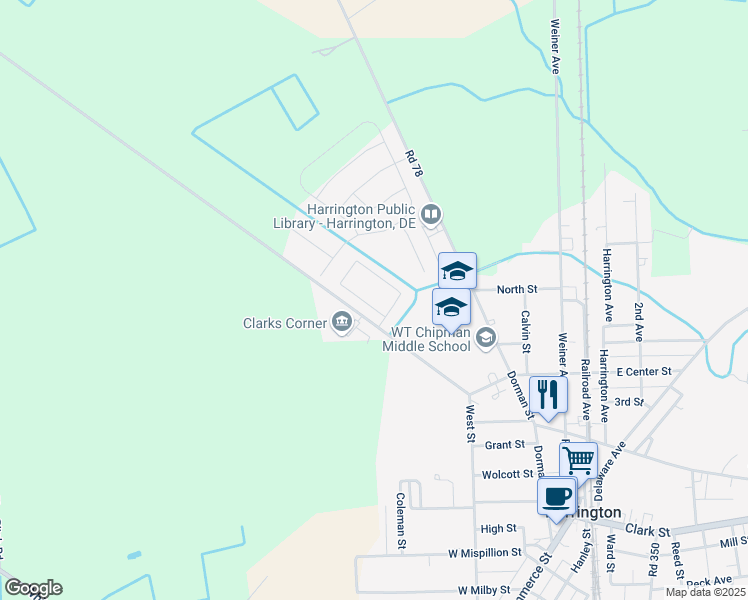 map of restaurants, bars, coffee shops, grocery stores, and more near 100 Friendship Village Drive in Harrington