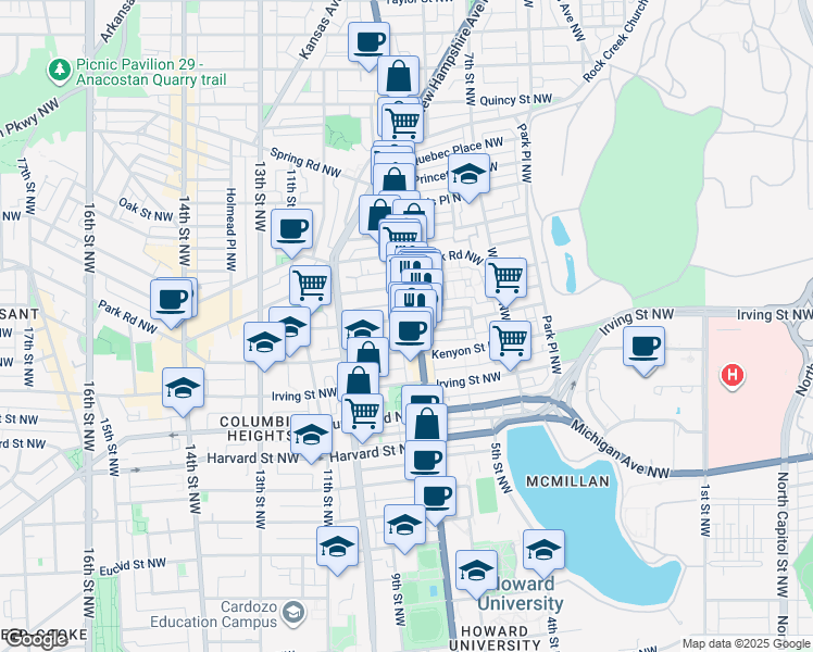 map of restaurants, bars, coffee shops, grocery stores, and more near 3232 Georgia Avenue Northwest in Washington