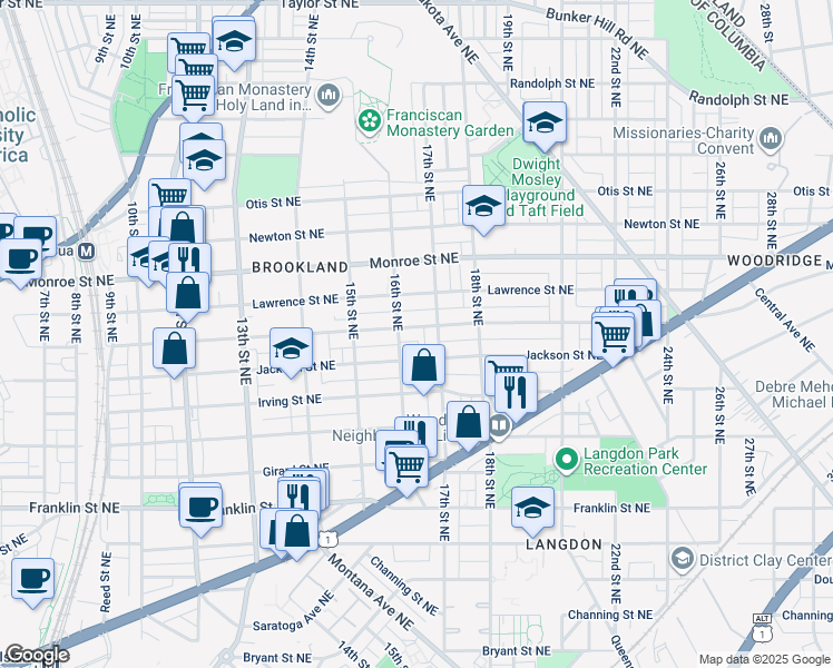 map of restaurants, bars, coffee shops, grocery stores, and more near 1607 Kearny Street in Washington