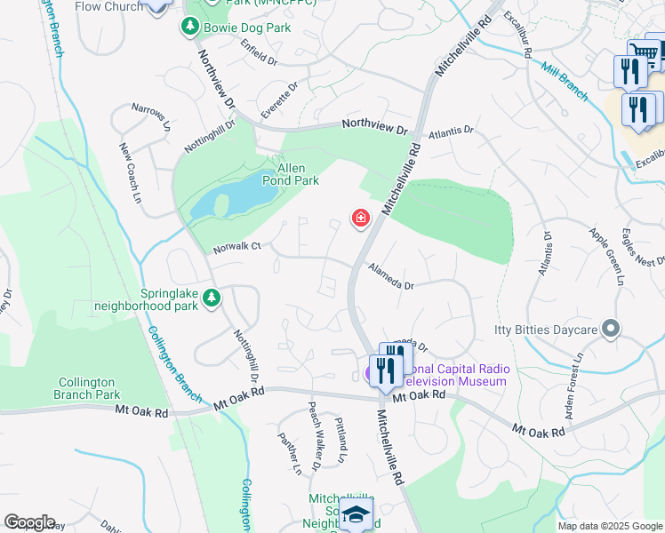 map of restaurants, bars, coffee shops, grocery stores, and more near 15537 North Oak Court in Bowie