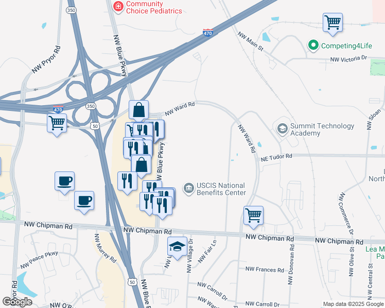 map of restaurants, bars, coffee shops, grocery stores, and more near 777 Northwest Blue Parkway in Lee's Summit