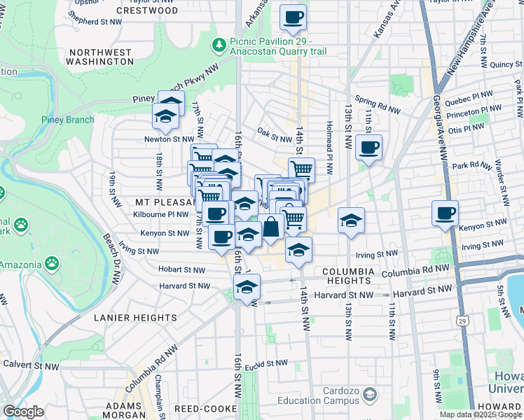 map of restaurants, bars, coffee shops, grocery stores, and more near 3240 Hiatt Place Northwest in Washington