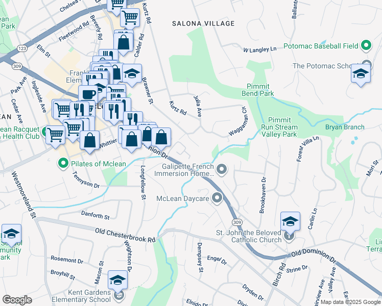map of restaurants, bars, coffee shops, grocery stores, and more near 6624 McLean Court in McLean