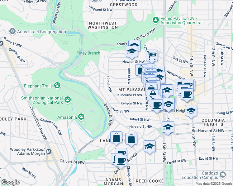 map of restaurants, bars, coffee shops, grocery stores, and more near 1843 Kilbourne Place Northwest in Washington