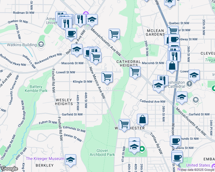 map of restaurants, bars, coffee shops, grocery stores, and more near 4201 Cathedral Avenue Northwest in Washington