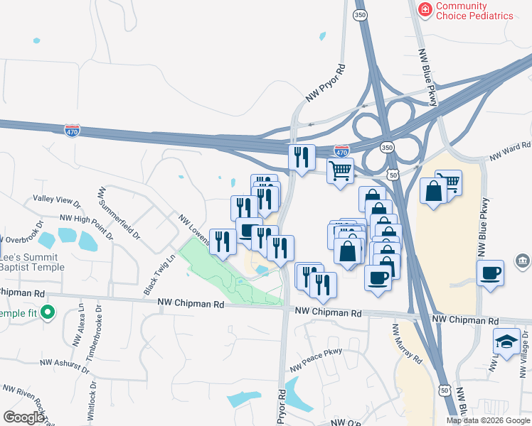 map of restaurants, bars, coffee shops, grocery stores, and more near 920 Northwest Pryor Road in Lee's Summit