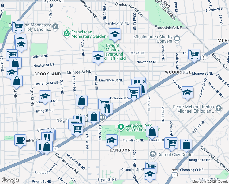 map of restaurants, bars, coffee shops, grocery stores, and more near 1921 Kearny Street Northeast in Washington