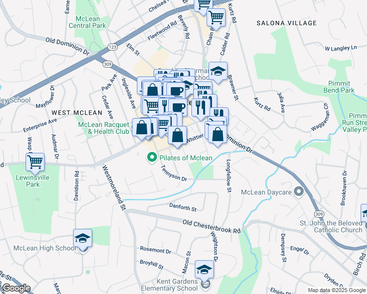 map of restaurants, bars, coffee shops, grocery stores, and more near 6735 Whittier Avenue in McLean