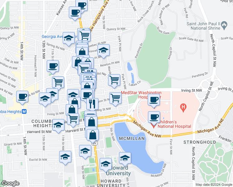 map of restaurants, bars, coffee shops, grocery stores, and more near 3217 Warder Street Northwest in Washington