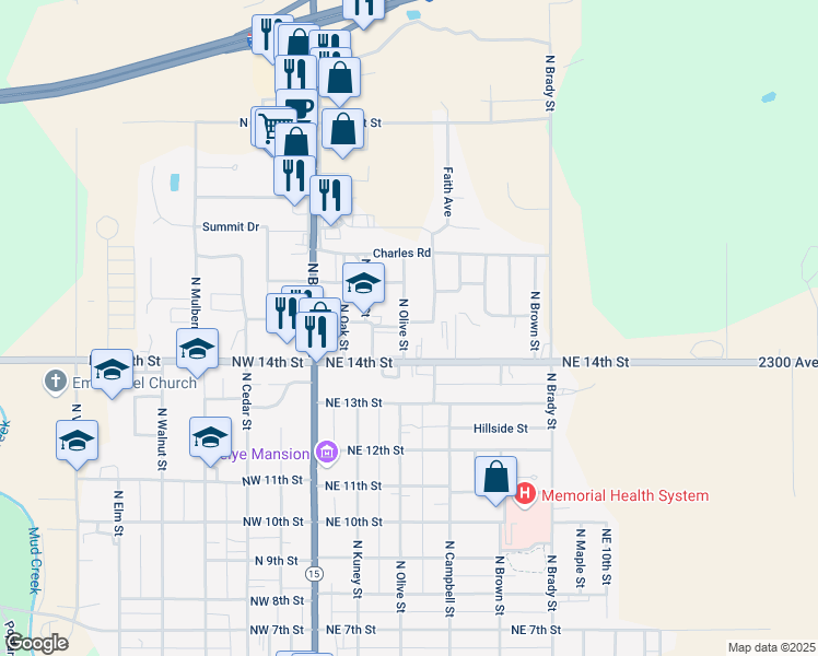 map of restaurants, bars, coffee shops, grocery stores, and more near 402 Northeast 15th Street in Abilene