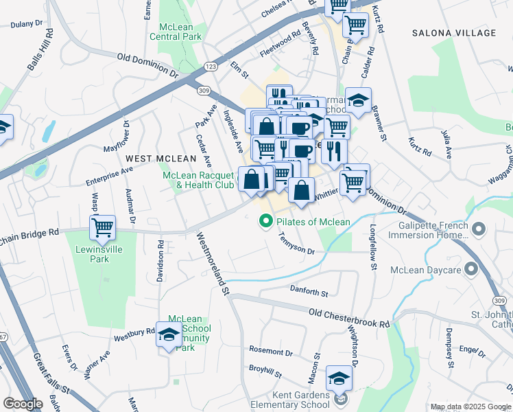 map of restaurants, bars, coffee shops, grocery stores, and more near 1477 Chain Bridge Road in McLean