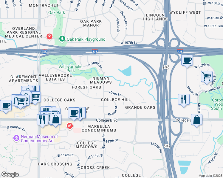 map of restaurants, bars, coffee shops, grocery stores, and more near 11010 West 109th Street in Overland Park