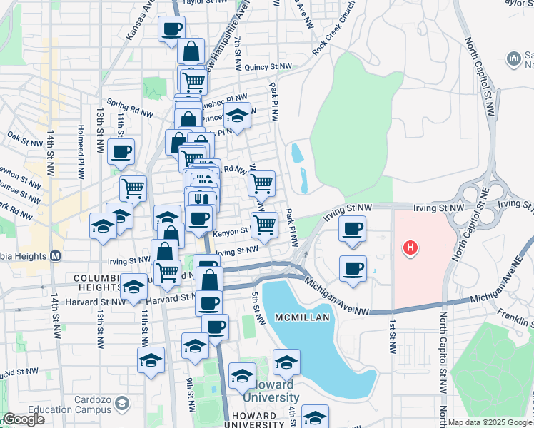 map of restaurants, bars, coffee shops, grocery stores, and more near 3217 Warder Street Northwest in Washington