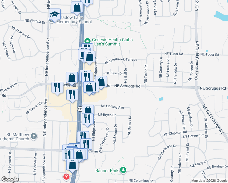 map of restaurants, bars, coffee shops, grocery stores, and more near 1013 Northeast Banner Street in Lee's Summit