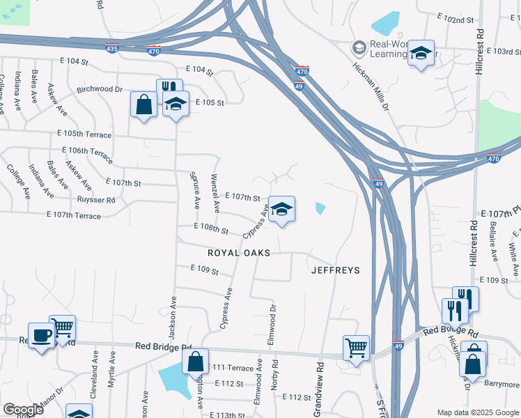 map of restaurants, bars, coffee shops, grocery stores, and more near 10706 Cypress Avenue in Kansas City